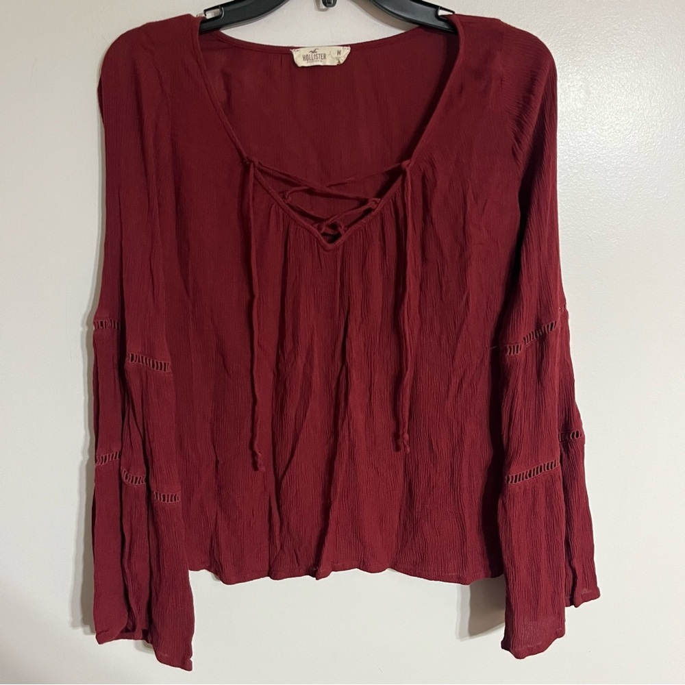 Hollister Womens Burgundy Lace Up V-Neck Bell Sleeve Boho Blouse Top Medium